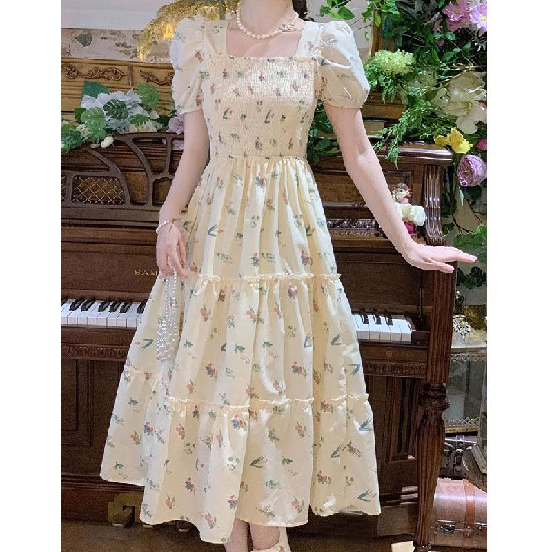 Original workmanship gentle style French square collar floral skirt for women in summer 2025 temperament vacation dress long