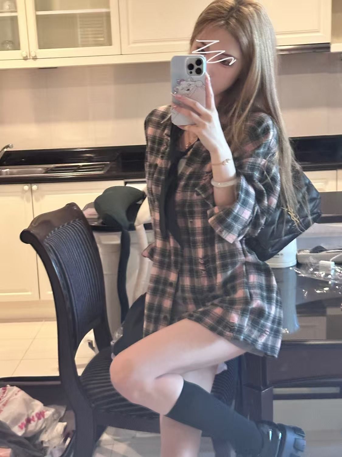 早春2025新款長袖開衫外套女韓版寬鬆小眾設計感黑粉色格子襯衫潮