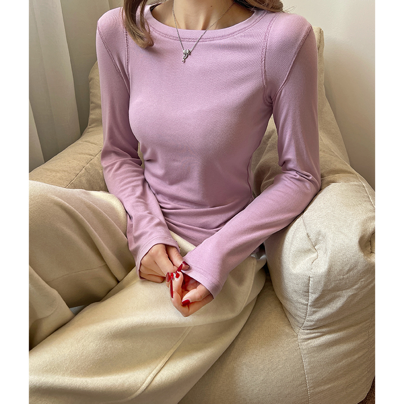Real photo round neck rattle sleeves and bright long-sleeved T-shirt for women in spring underwear slim body shirt