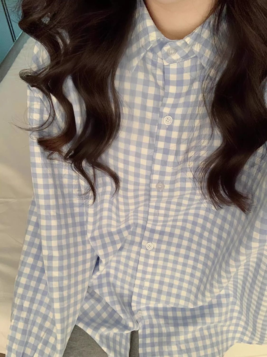 洋氣百搭個性法式ootd藍色格子襯衫女2025春季新款百搭小眾上衣
