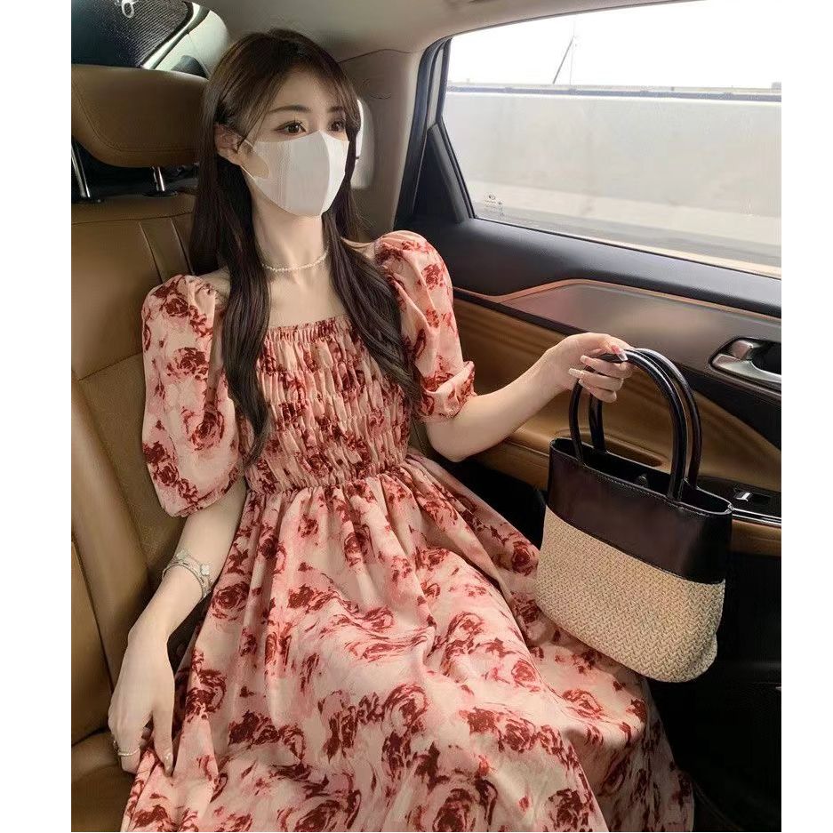 French chic dress summer women's ink and ink smudge rose pleated waist-length skirt