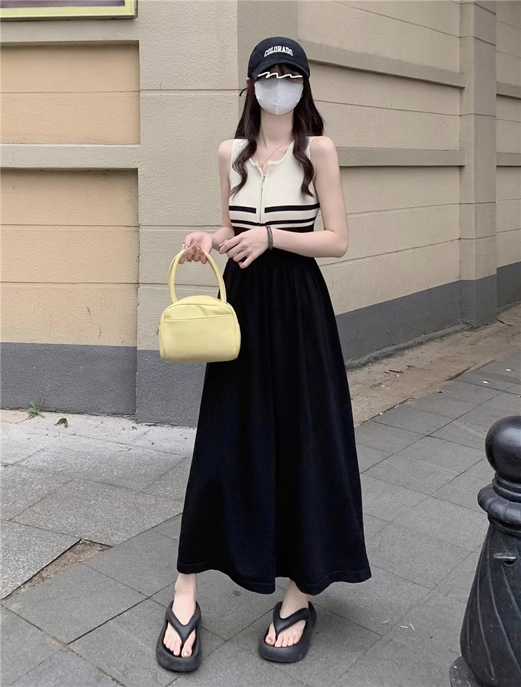 天貓質量拼接拉鏈無袖條紋連衣裙夏收腰顯瘦大擺長裙背心裙子