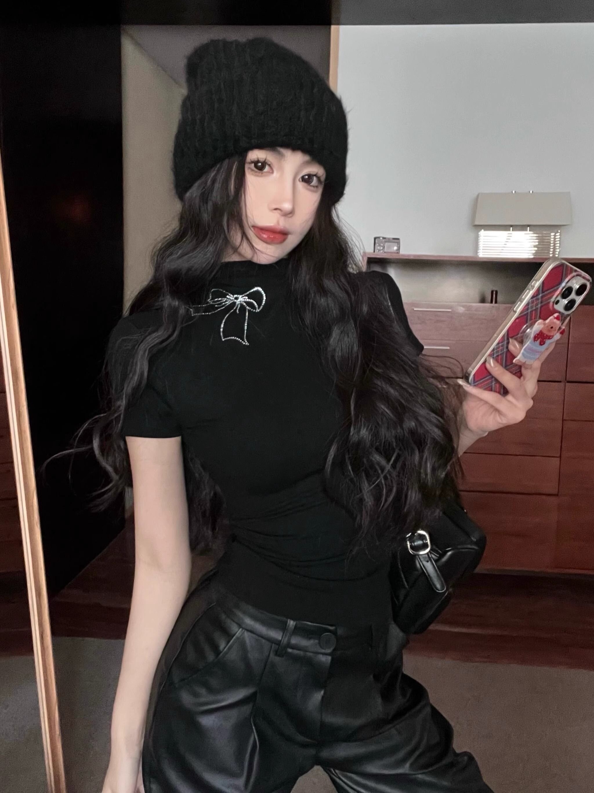 Half-high neck heavy industry ironing diamond short-sleeved T-shirt for women's summer Korean version of sweet hot girl back bow spliced ​​slim fit top