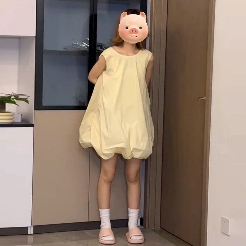 奶黃色無袖背心花苞連衣裙女夏季新款小個子甜美度假風蓬蓬短裙子