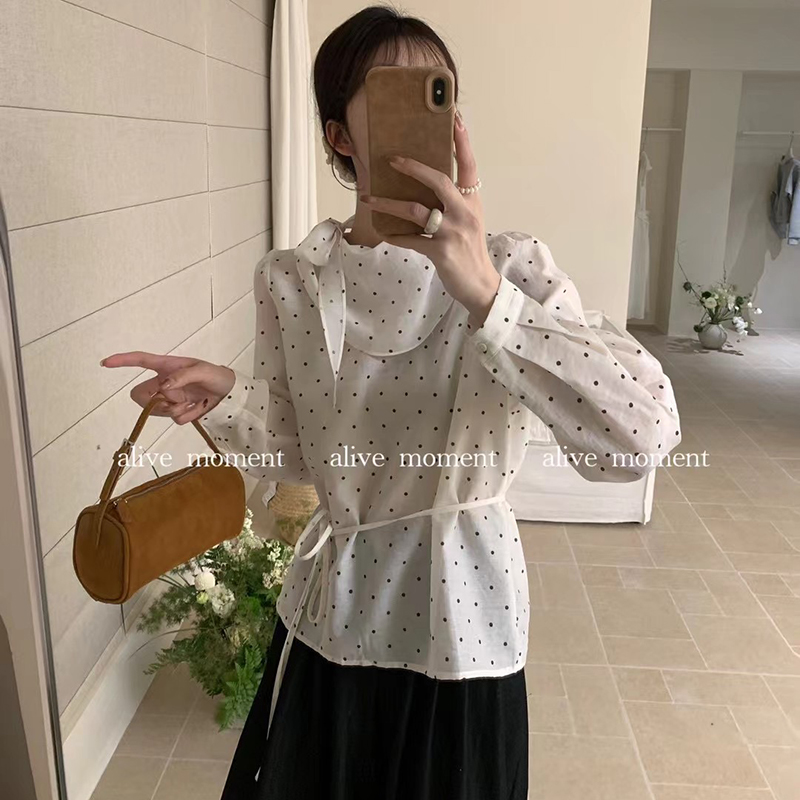 春夏2025新款設計感荷葉領綁帶圓點印花長袖襯衫女氣質上衣