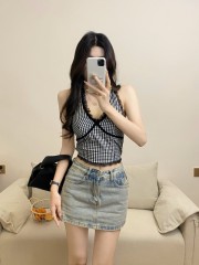 實拍 夏季新款蕾絲花邊掛脖背心性感蝴蝶結系帶修身短款上衣