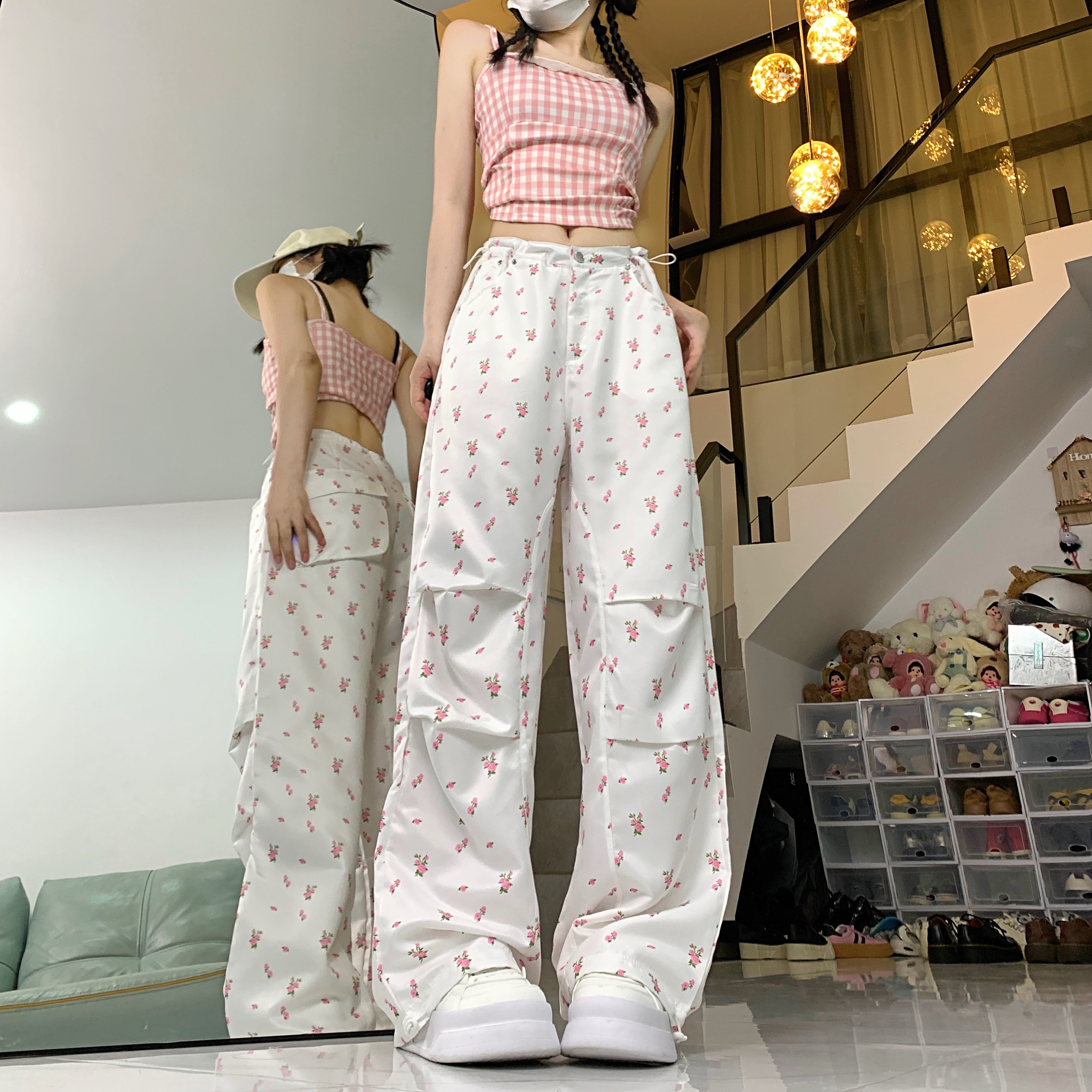 實拍碎花白色闊腿褲女春夏季高腰寬鬆顯瘦直筒休閒束腳工裝長褲