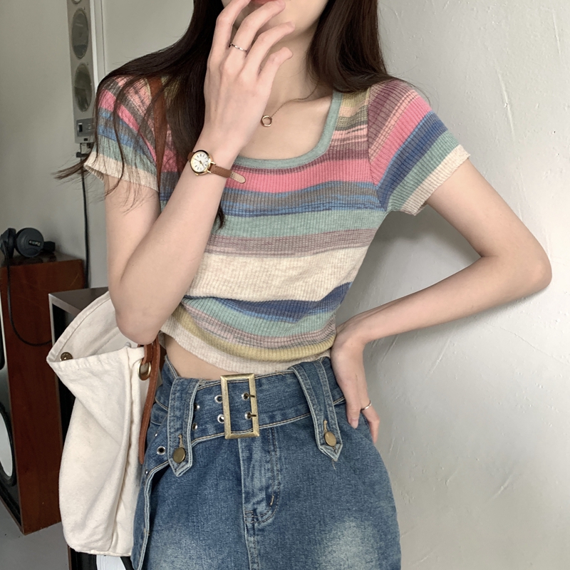 Six-wool spring and summer Korean version pure square collar front shoulder contrast striped knitted short-sleeved women's top