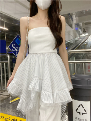 Real-life design sense irregular strapless skirt two-piece women's spring lace spliced ​​high-end top