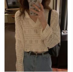 韓國chic早秋法式懶惰風V領套頭鏤空鈎花寬鬆休閒短款針織毛衣女