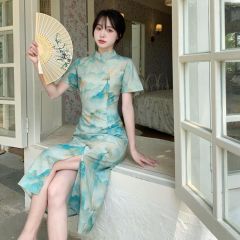 New Chinese retro temperament Republic of China style cheongsam skirt summer large size short-sleeved Thousand Miles Jiangshan Picture side slit dress