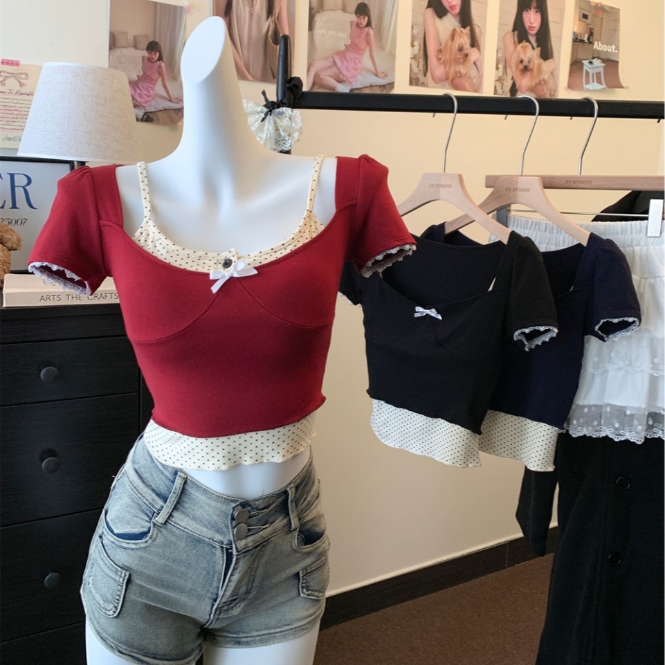 French retro polka dot suspender vest with breast pad + hot girl bow slim short-sleeved T-shirt top two-piece set