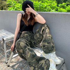 美式高街hiphop嘻哈迷彩工裝褲牛仔褲子女直筒闊腿休閒長褲ins潮