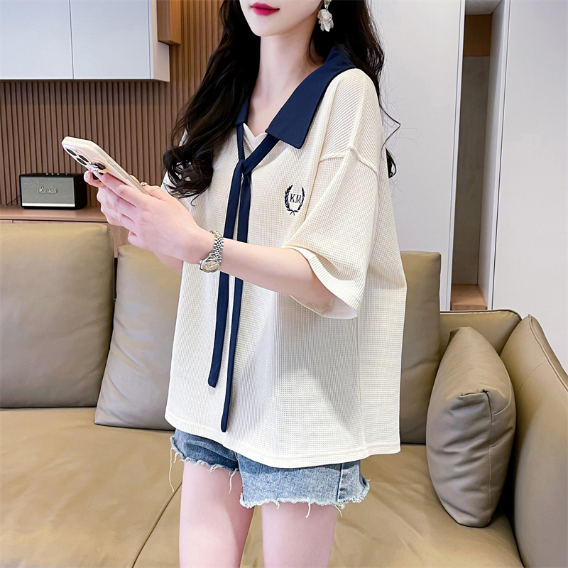First shot, waffle back bag collar contrasting short-sleeved T-shirt for women's thin POLO collar loose short large-size top
