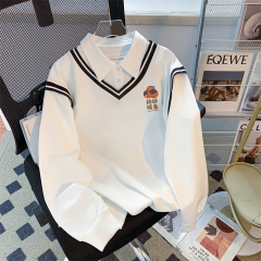 Real photo of the street back bag collar twill thin POLO collar sweatshirt for women cartoon long-sleeved jacket design top internet celebrity