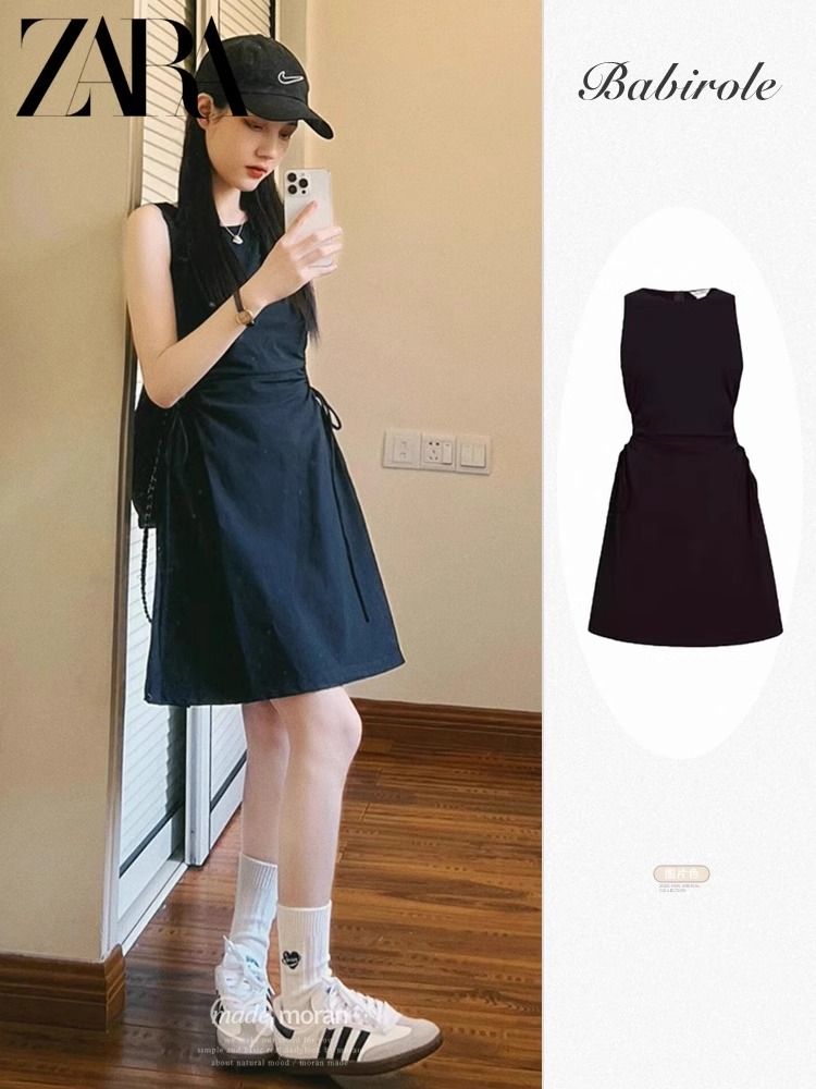 Design-sensual black drawstring lace-up vest dress for women in summer loose age-reducing flower bud skirt short skirt