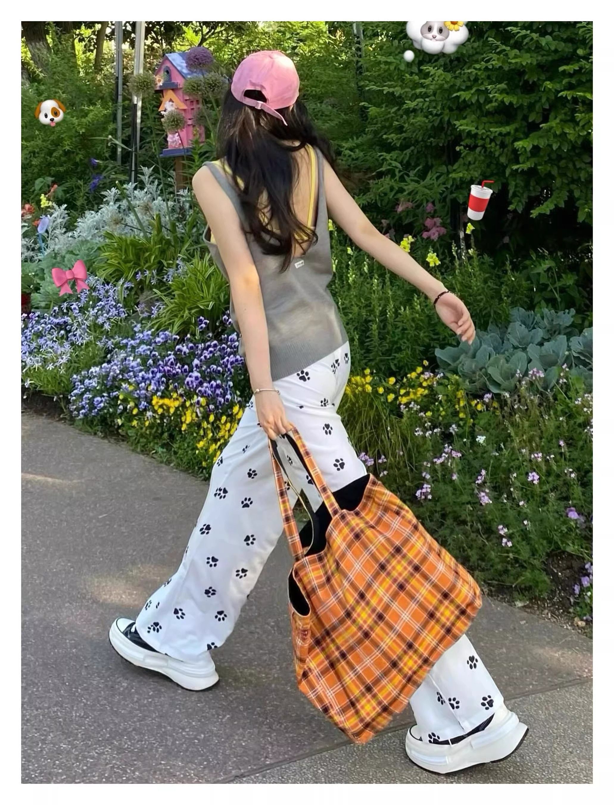 American retro casual pants for women in summer full-print dog paw floral straight sports pants loose draped white floor pants