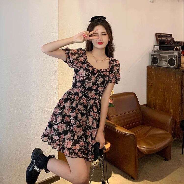 Chiffon Pure Sex Rose New Dark Floral Dress Square Collar Puff Sleeve Pure Sex Sex