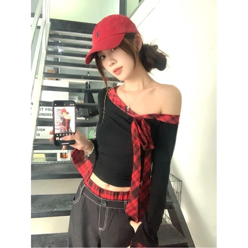 莫代爾人棉辣妹純欲性感露斜肩蝴蝶結系帶長袖t恤打底衫女