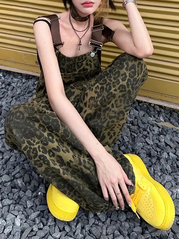 2025韓版美式休閒褲女寬鬆直筒豹紋背帶褲街頭多口袋百搭闊腿褲