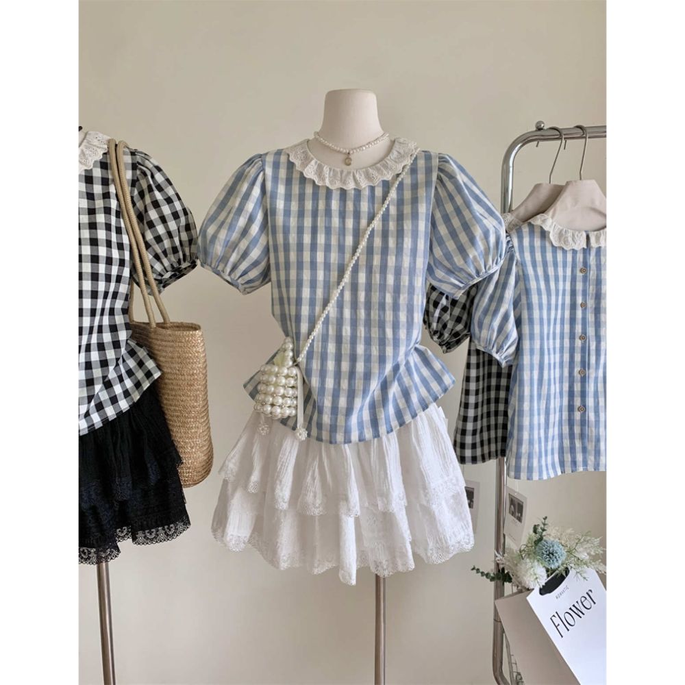 Blue plaid short-sleeved shirt for women 2025 summer new design lace edge round neck puff sleeve shirt top