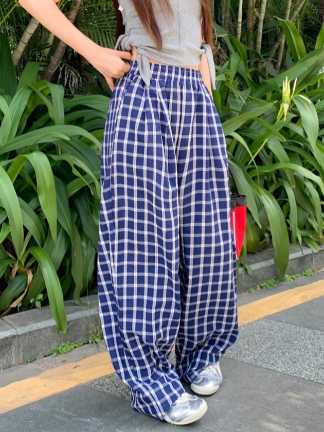 Real shot, new Korean version of retro plaid casual high-waisted slim and versatile straight wide-leg pants