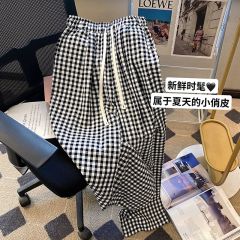Retro plaid high-waist casual pants for women's new Korean style high-waist drooping slimming straight wide-leg pants