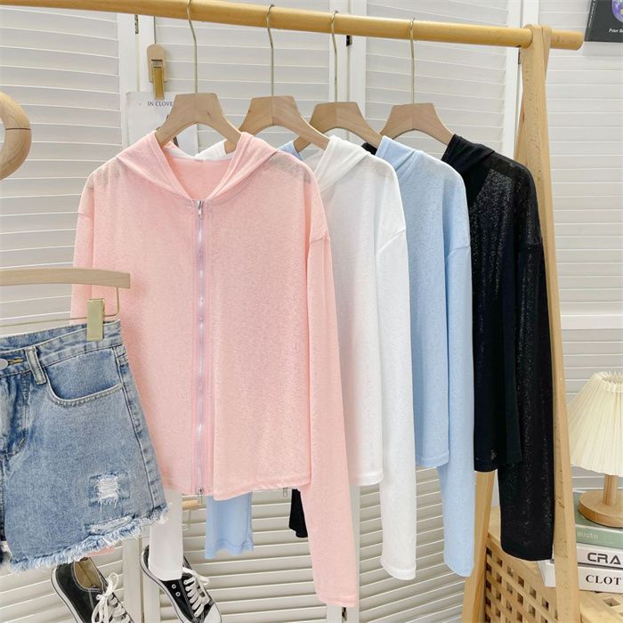 Real photo of the rear-end bag-collared bamboo joint silk knitted double-head zipper cardigan thin coat for women's new hooded sun protection jacket