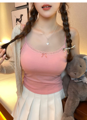 ~ Pure lace edge bow suspender vest for women in summer with chest pad short top