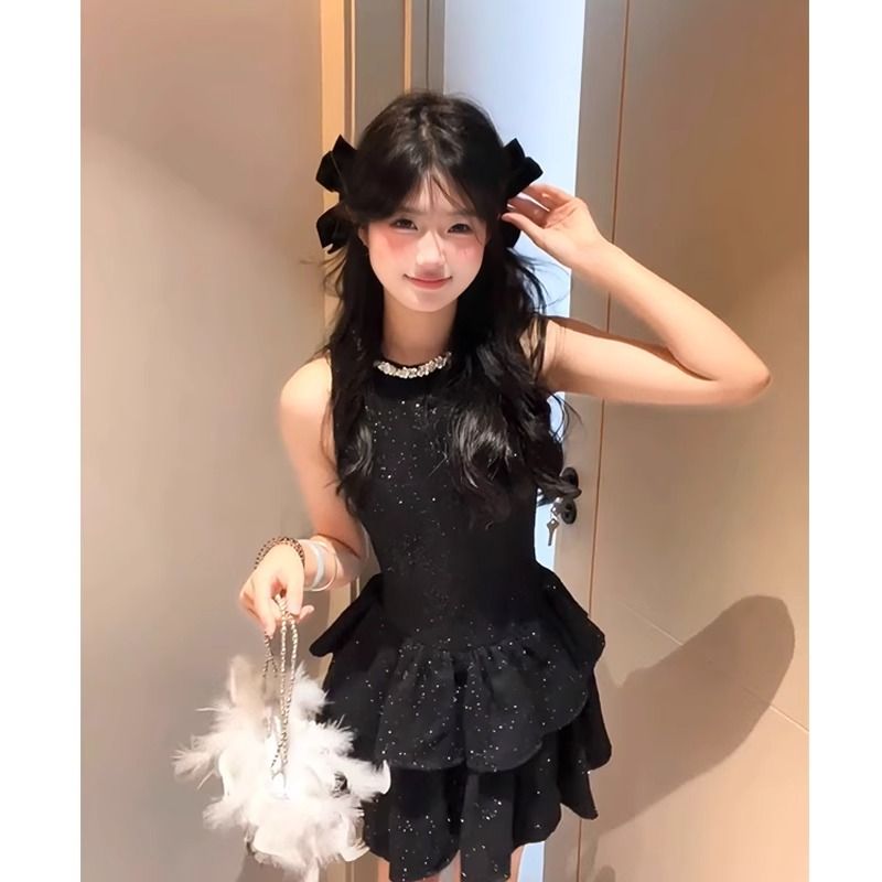 法式小香風黑色細閃背心連衣裙女高級感名媛氣質收腰生日蛋糕短裙