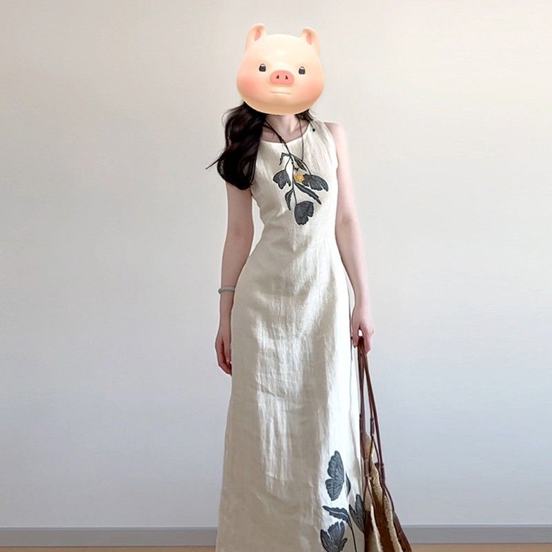 New Chinese women's temperament retro printed dress summer niche design lazy vacation style vest long skirt