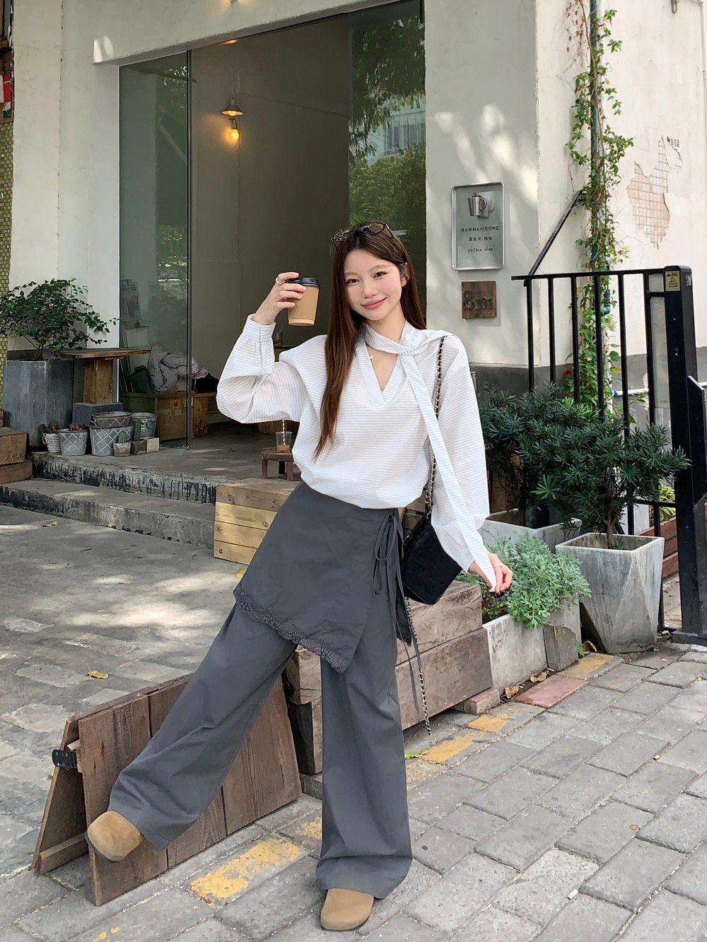 Real shot French striped necklace shirt for women + lace splicing and delivery curtain work clothes straight trousers