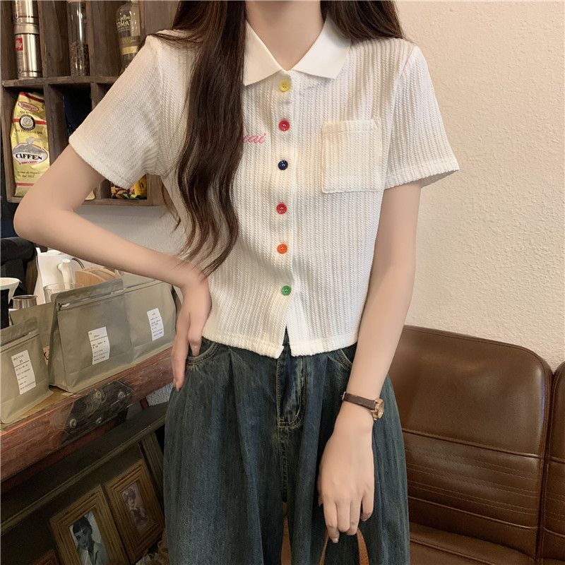 首發實拍夏季新款設計感小眾時尚百搭別致顯瘦polo領短袖T恤女