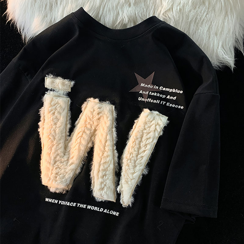 Official picture of pure cotton 210 grams combing tight back bag 240 jin large-size letter flocking T-shirt