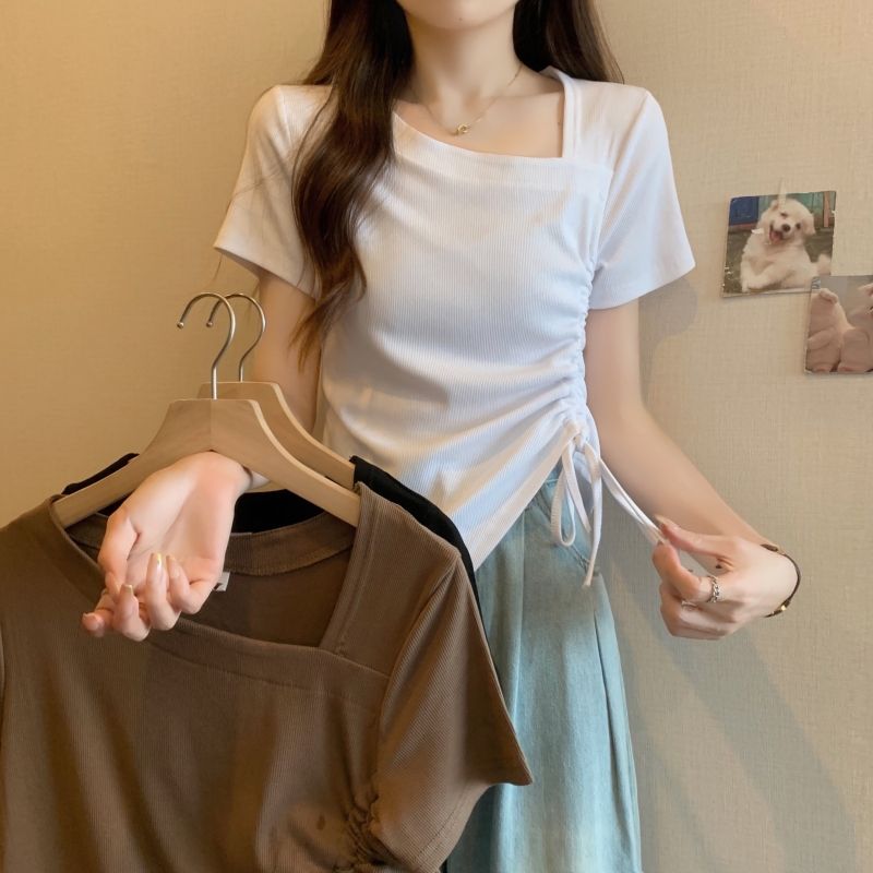 實拍 夏季韓版純色斜領打底衫女新款設計褶皺抽繩純棉短袖T恤上衣