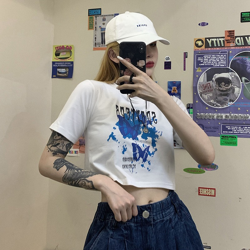 外貿韓版ins復古蝴蝶印花短袖T恤女夏季原宿風短款修身露臍上衣
