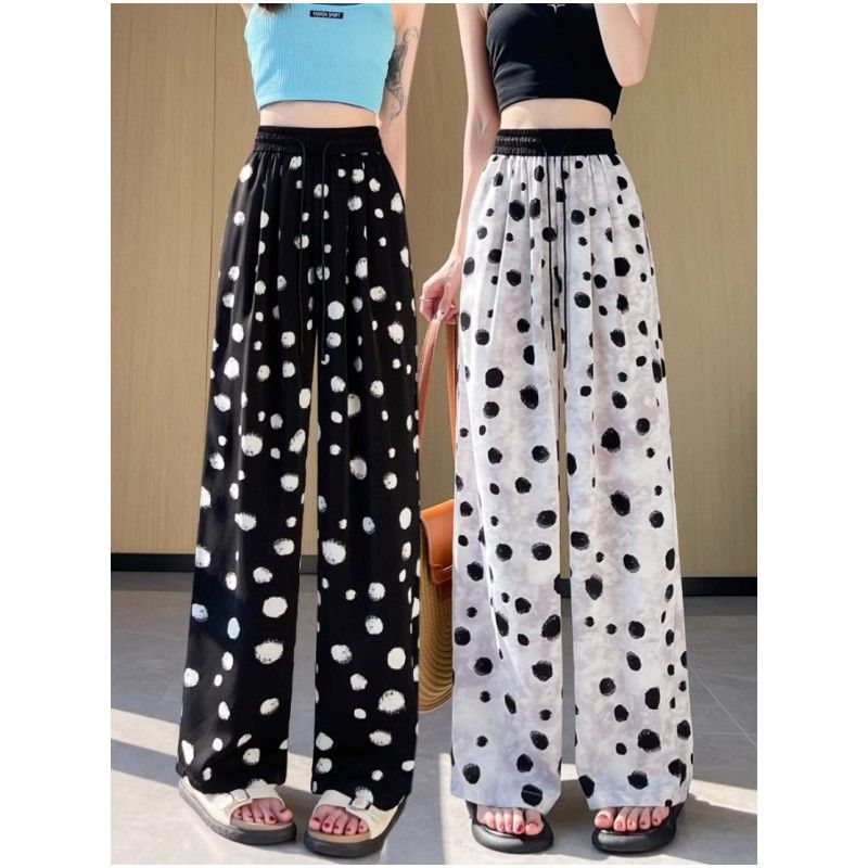 New summer ice-sensing high-waist narrow wide-leg pants for women loose and versatile draped satin polka dot straight casual pants