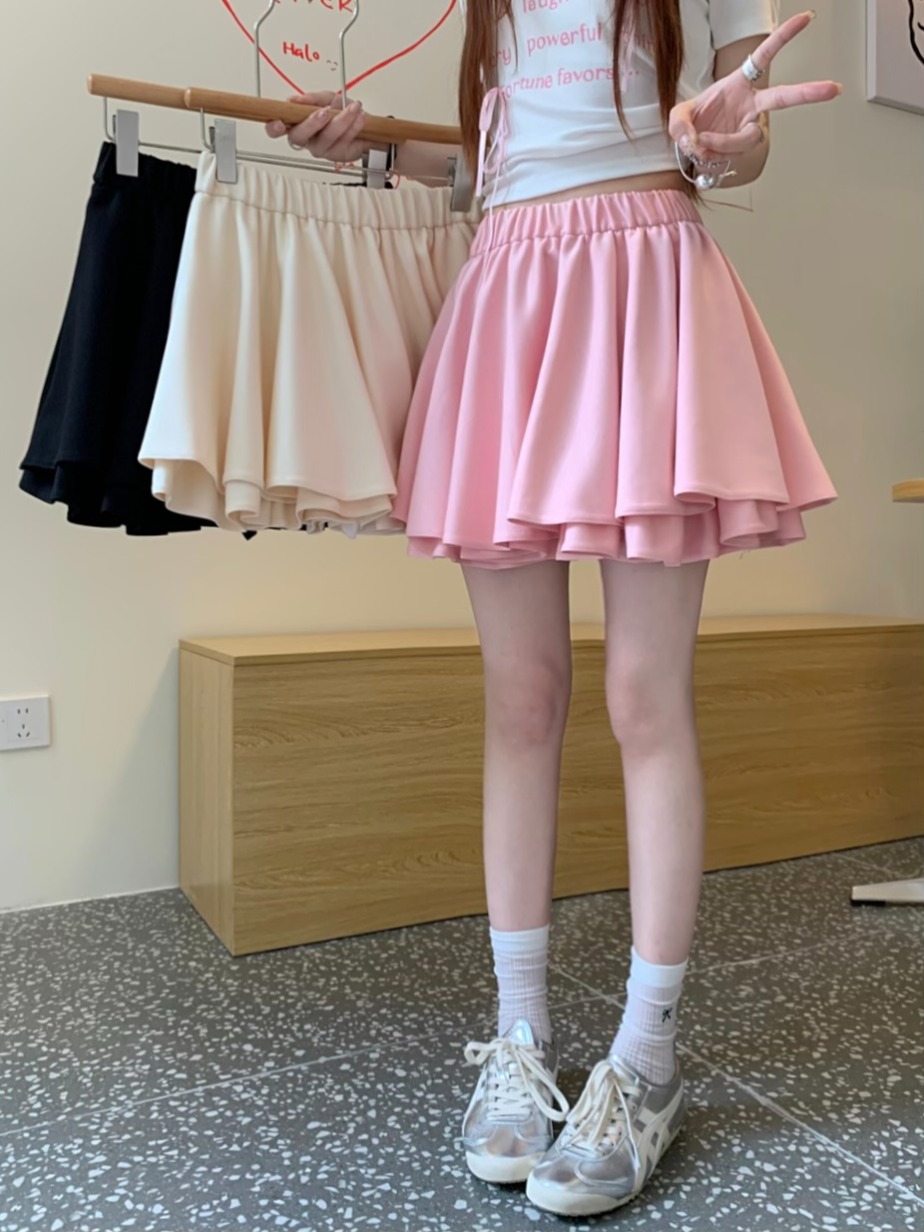 Real shot New Korean version of sweet ballet style high waist slim double-layer heavy industry short skirt anti-exposure A-line skirt