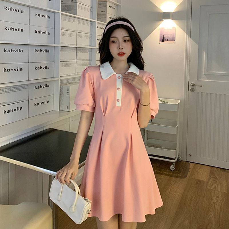 Polo collar color block design short-sleeved dress for women in summer 2025 new niche waist-hugging A-line skirt