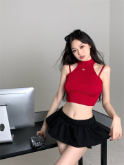 Tmall Adjustable Shoulder Strap Knit Collared Neck Short Sleeve Top for Summer, Sweet and Spicy Style, Can Be Worn as Outerwear