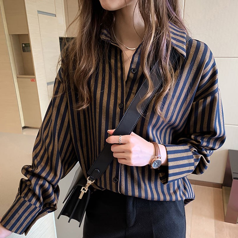 慵懶風襯衫女春季新款休閒百搭學生長袖bf風條紋大碼襯衣女潮
