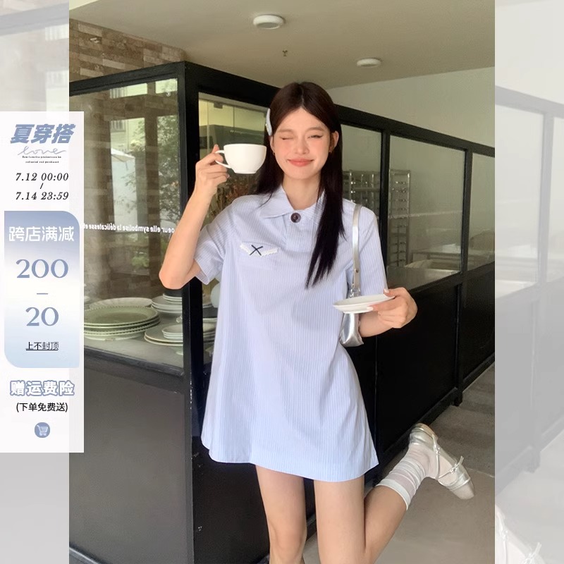 宋正恩甜美miu系少女千金風polo領襯衫連衣裙女a字藍色條紋短裙子
