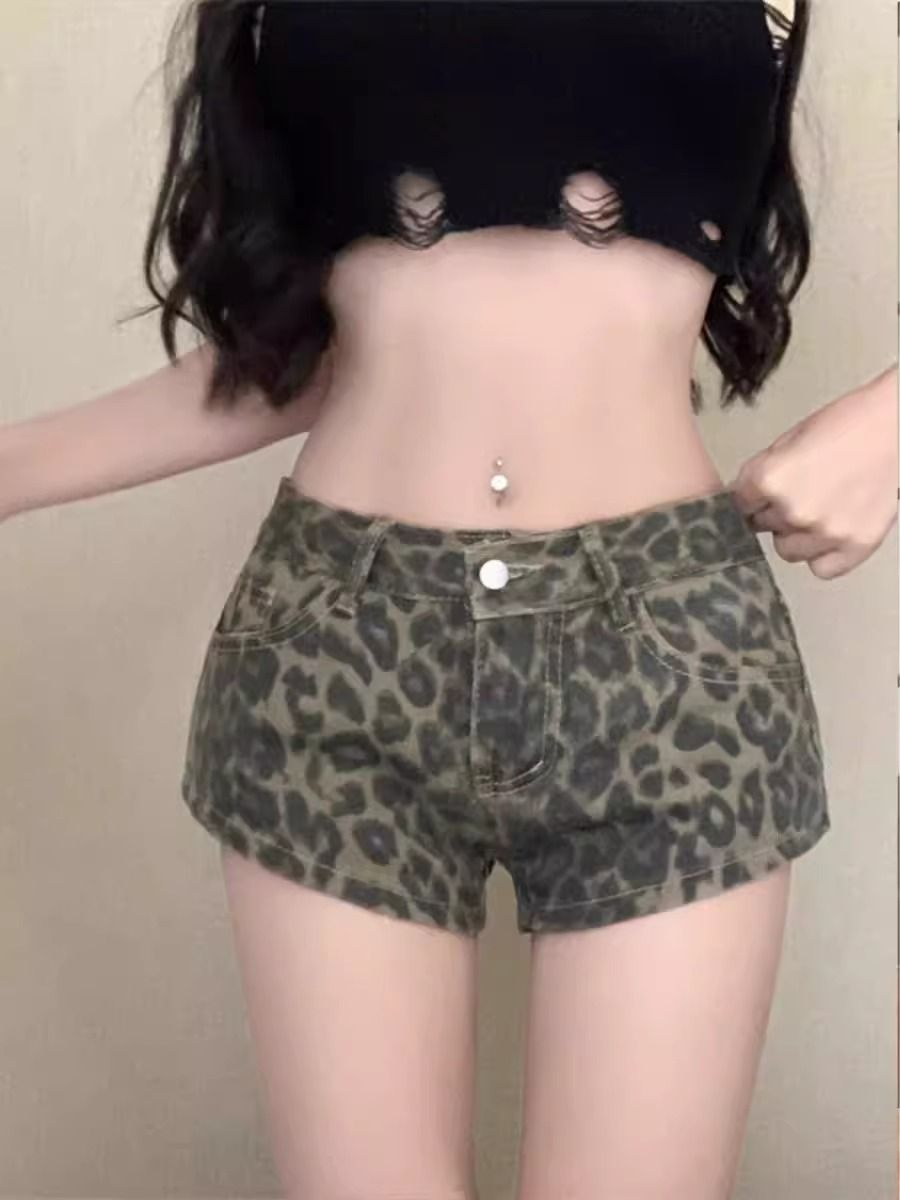 外貿廢土風千禧辣妹豹紋休閒短褲女低腰薄款復古a字牛仔超短褲