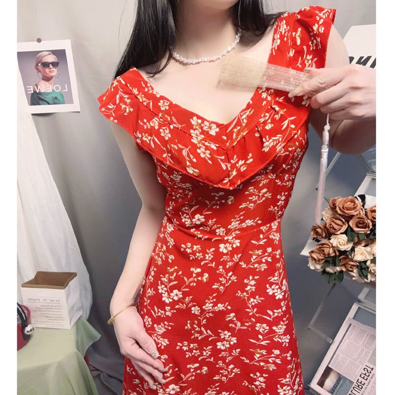 吊帶連衣裙設計感女神范復古碎花包臀長裙氣質超仙紅色無袖荷葉邊