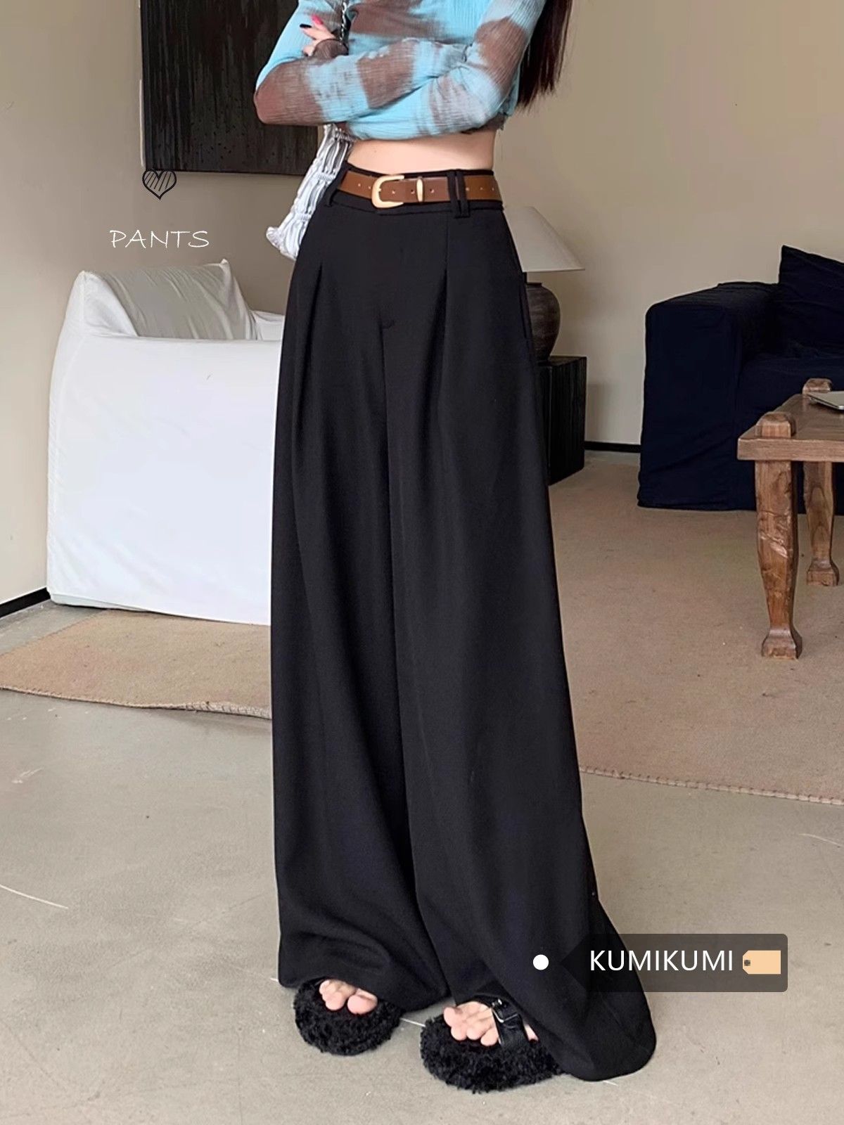Black lazy style drooping suit pants casual pants for women in spring high waist slimming wide-leg pants loose trousers