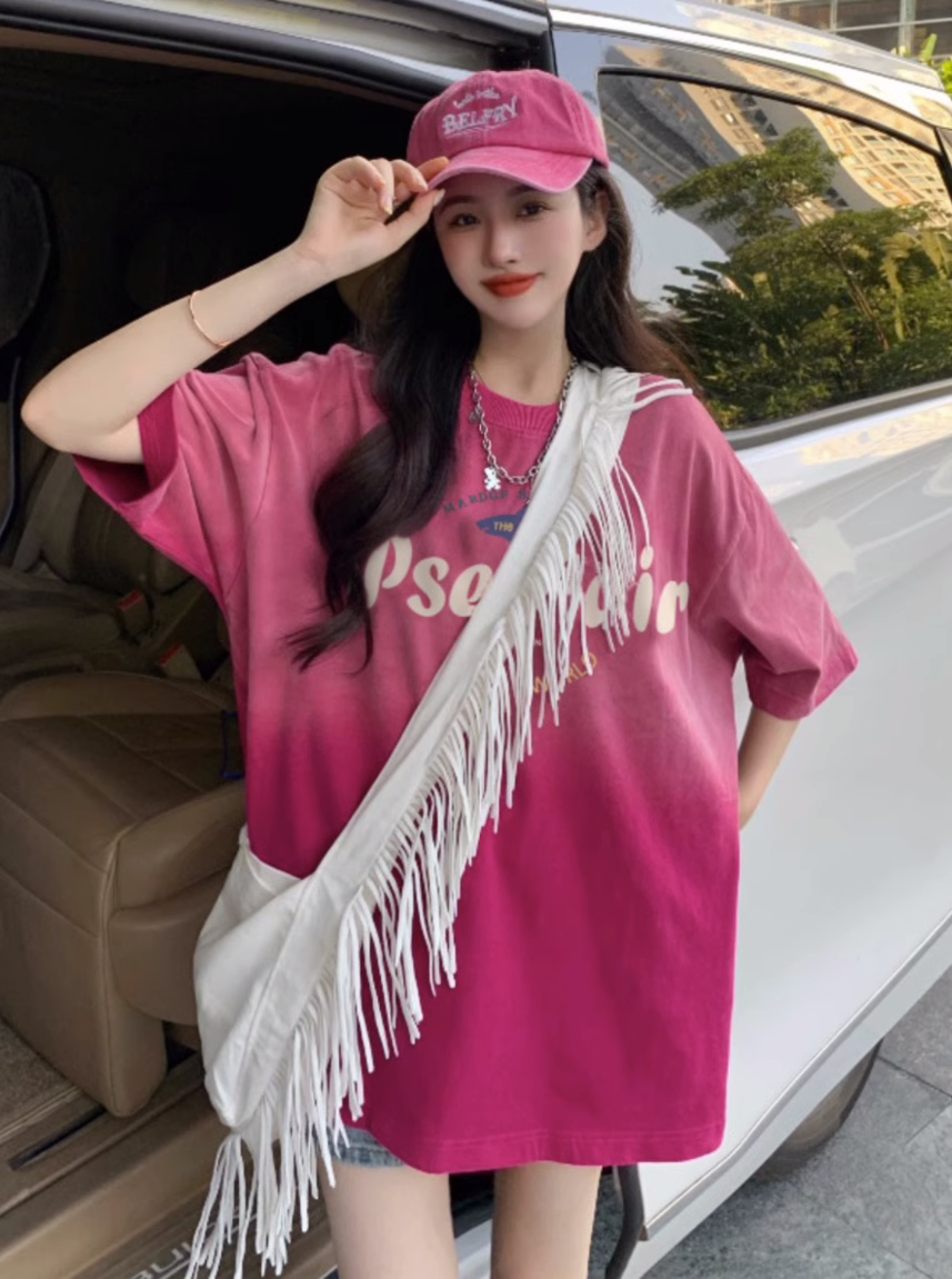 印花扎染21支純棉220克後包領220斤特大碼設計感T恤女