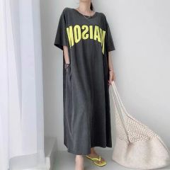 Korean chic summer niche lazy round collar letter print loose short-sleeved dress for women