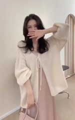 早秋新款韓版寬鬆v領系帶中長款通勤簡約百搭毛衣開衫外套