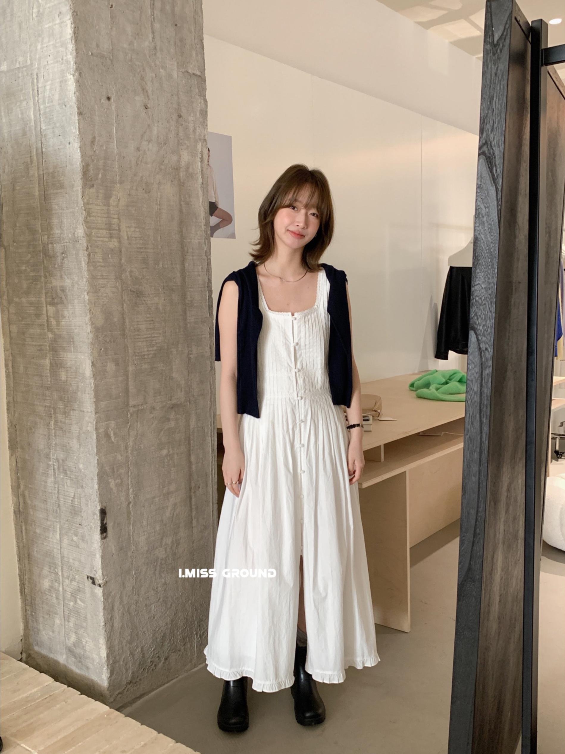 重工壓褶蕾絲白色無袖背心裙春季韓系寬鬆氣質吊帶連衣裙女