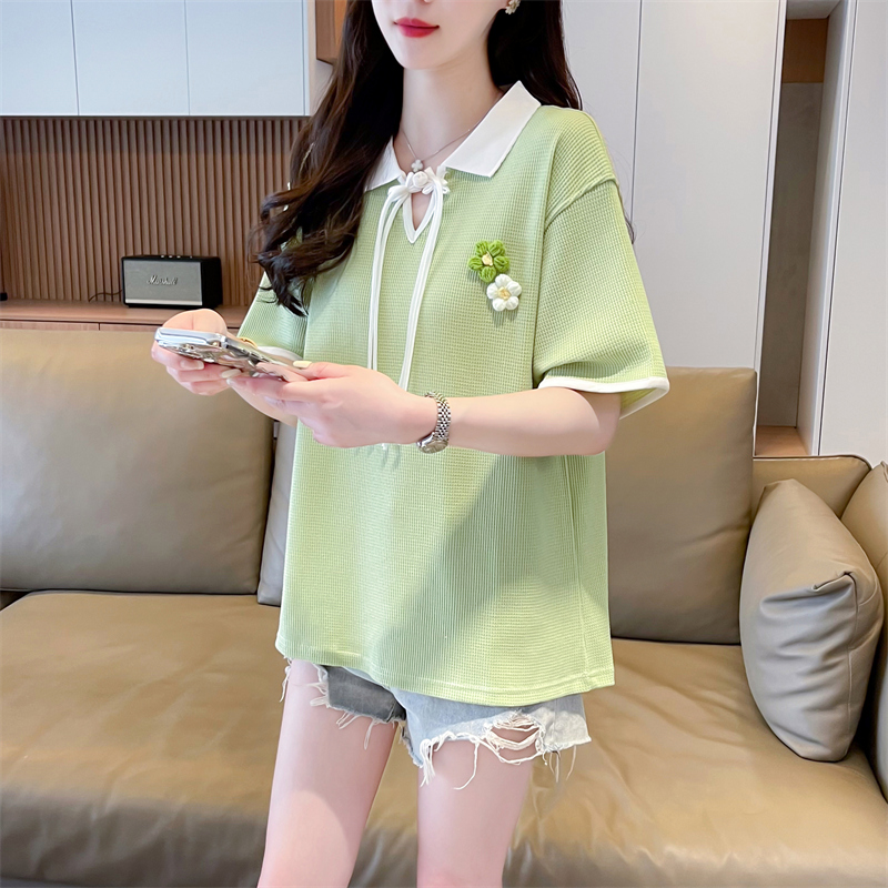 First real-time imitation cotton waffle 230g summer new POLO collar color T-shirt for women